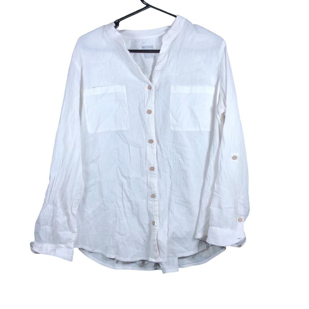 Chicos Womens Shirt White Sheer V Neck Button Down Roll Tab Sleeve Cotton 2
